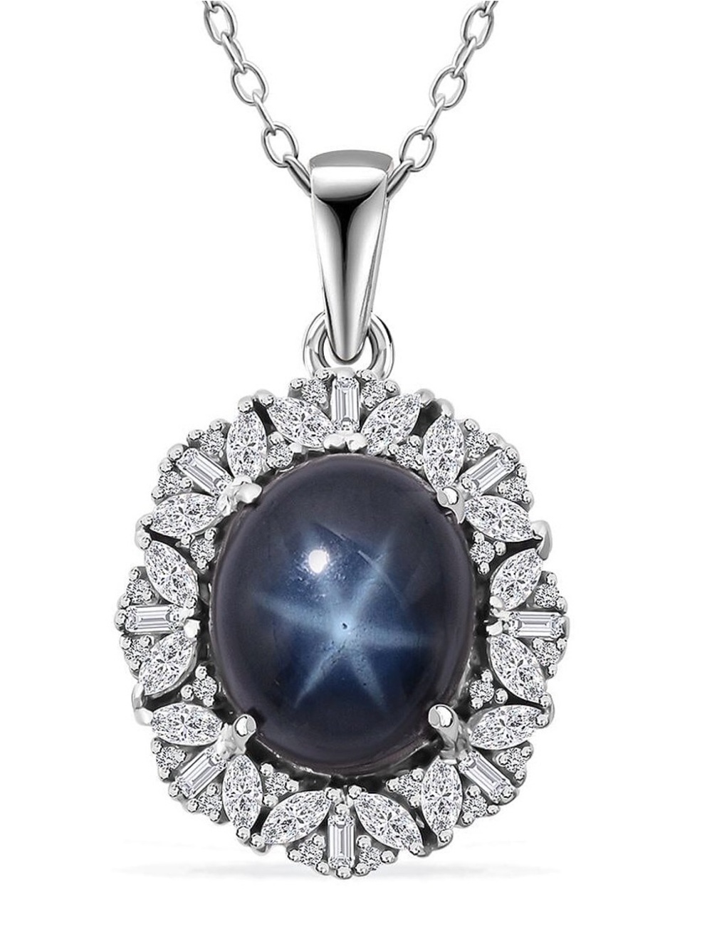 Sterling Silver Blue Star Sapphire Pendant Necklace White Zircon accents 7.3 ctw